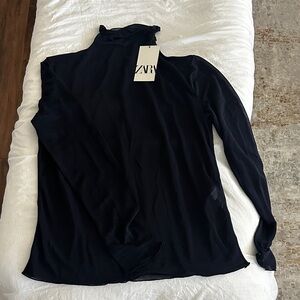 Zara Women's Elegant Dark Blue Traslucen Long Sleeve Blouse